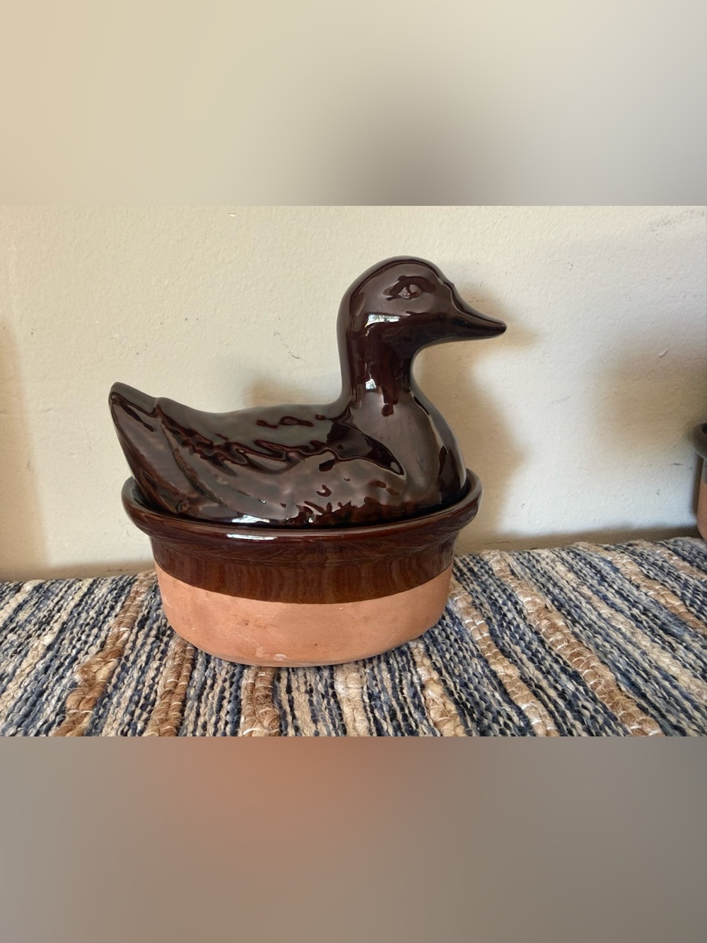 Vintage Terracotta Clay and Brown Ceramic Drip Glaze Duck On Nest